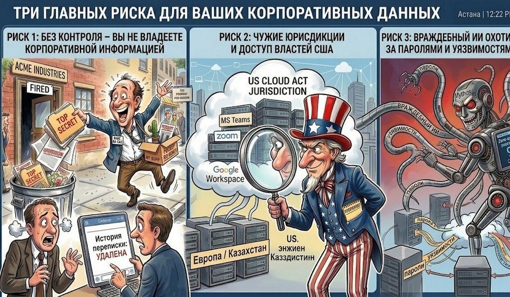 Комикс: три главных риска для корпоративных данных: потеря контроля, чужие юрисдикции и атаки ИИ